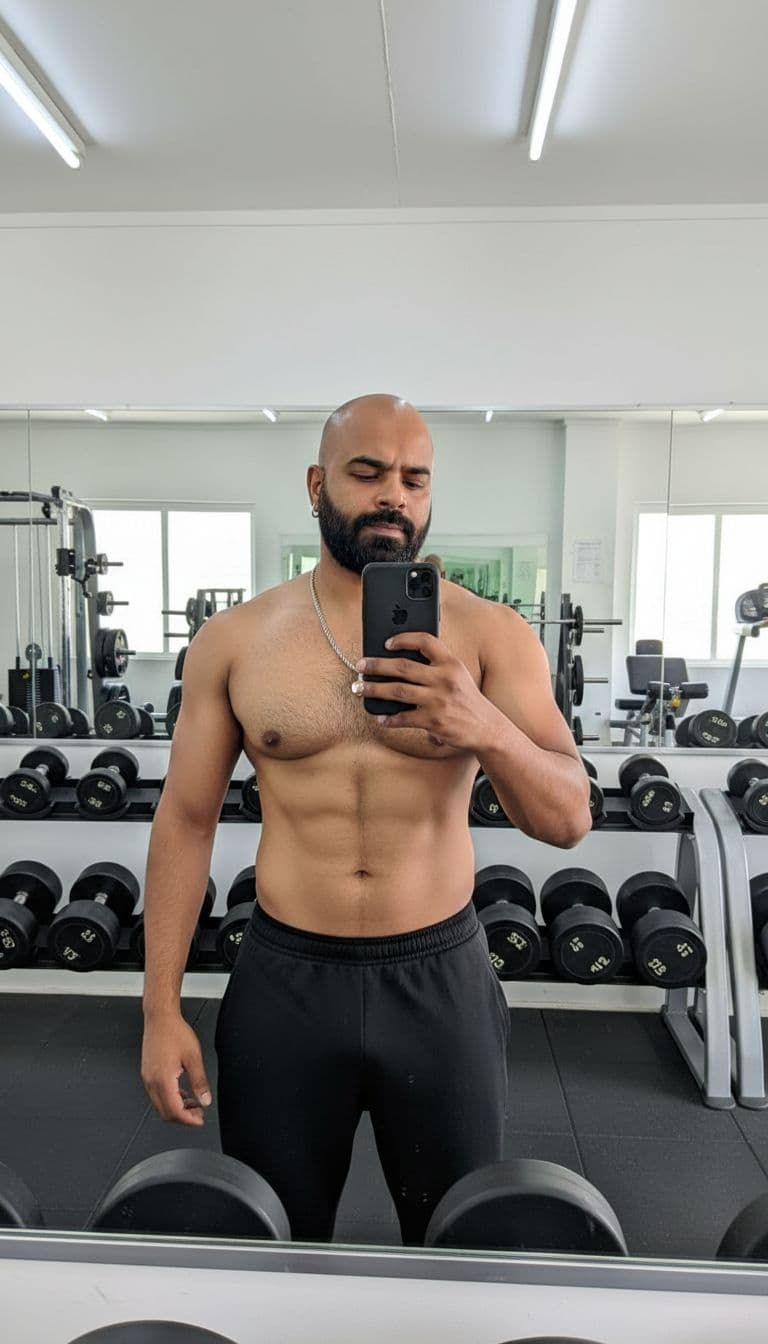 AI generated: ULTRA HD- LIFELIKE- 8K - A fitness selfie in a modern gym with weight racks visible in background.  ...