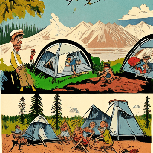 AI generated: A vintage-style cartoon scene featuring campers with exaggerated expressions navigating the challeng...