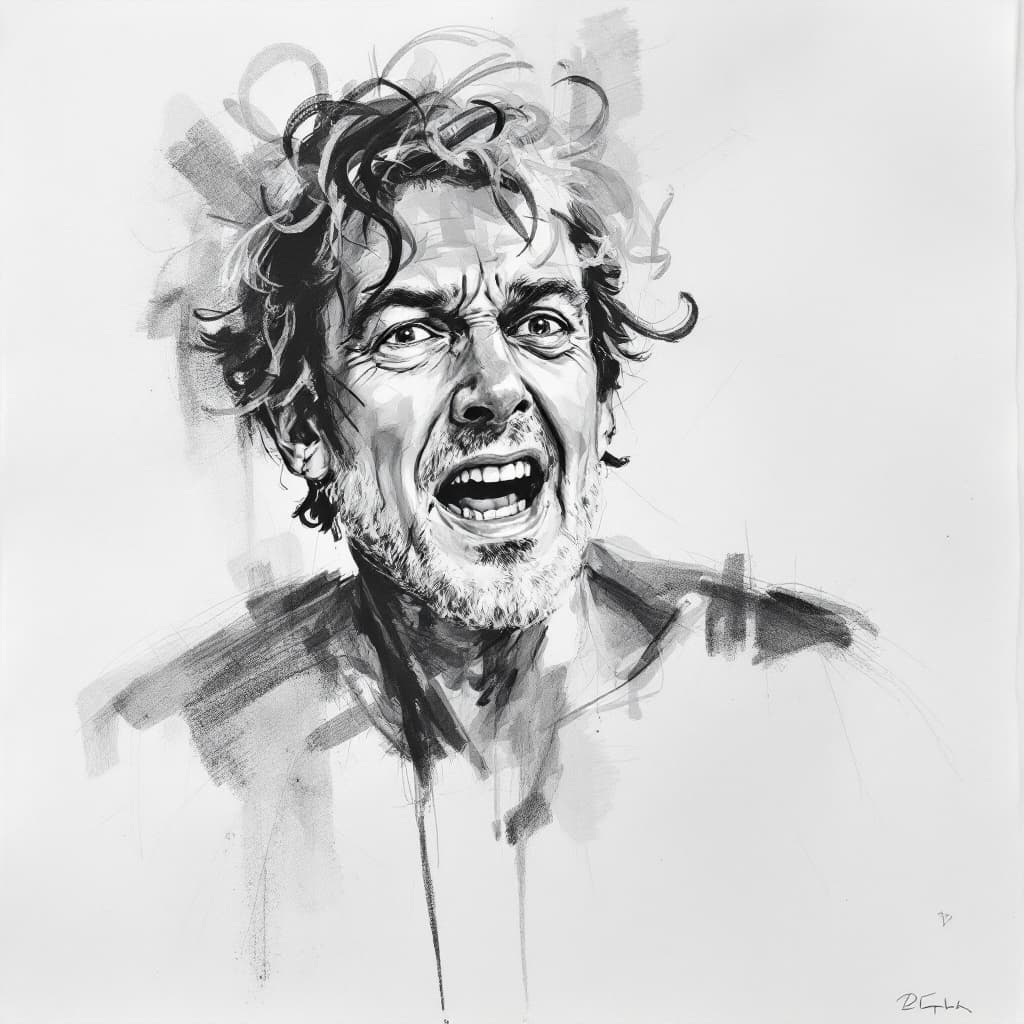 AI generated: Charcoal drawing, portrait of a guy, expressive, from waist to top of the head