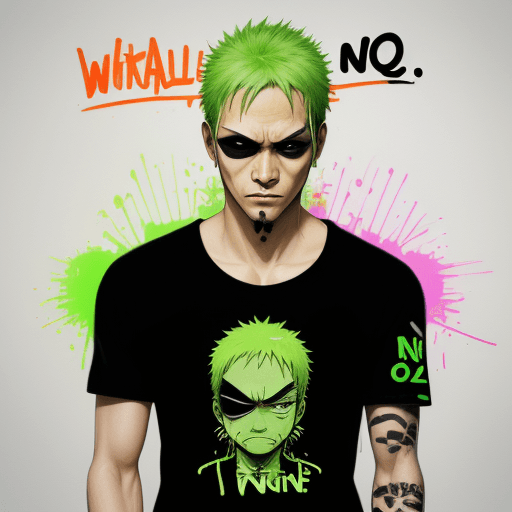 AI generated: T-shirt design: Imagine a neon Zoro roronoa inspired graphic with the words: "I will never lose agai...