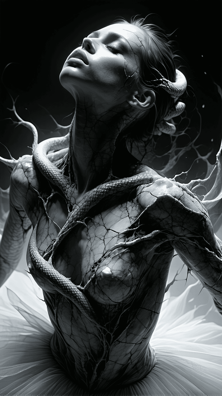 AI generated:  a high‑contrast monochrome portrait of a haunting ballerina dancing in crazy mood made of snake ski...