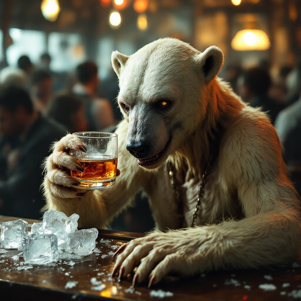 AI generated: full body shot of a drunk, very skinny sick famine polar bear drinking a scotch witha cube of meltin...