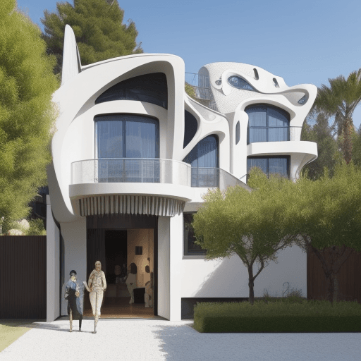 AI generated: Modern House, gaudi style, people in front walking with pets, for sale
