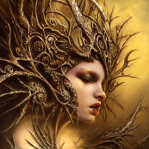 AI generated: Dark fantasy, closeup, oil painting, gothic, filigree details, style of Karol Bak and Lucas Graciano...