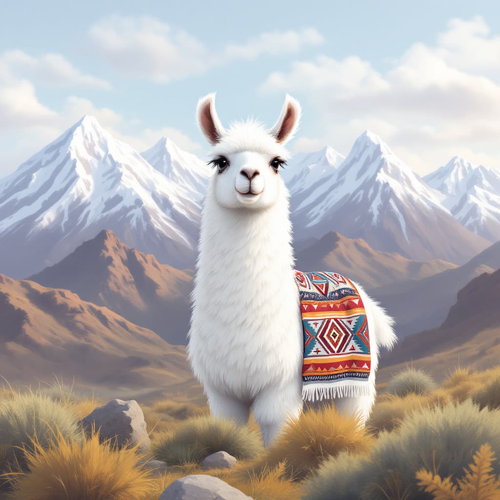 AI generated: Prompt: A white llama stands in front of the Andes mountains, dressed with an Inca blanket, realisti...