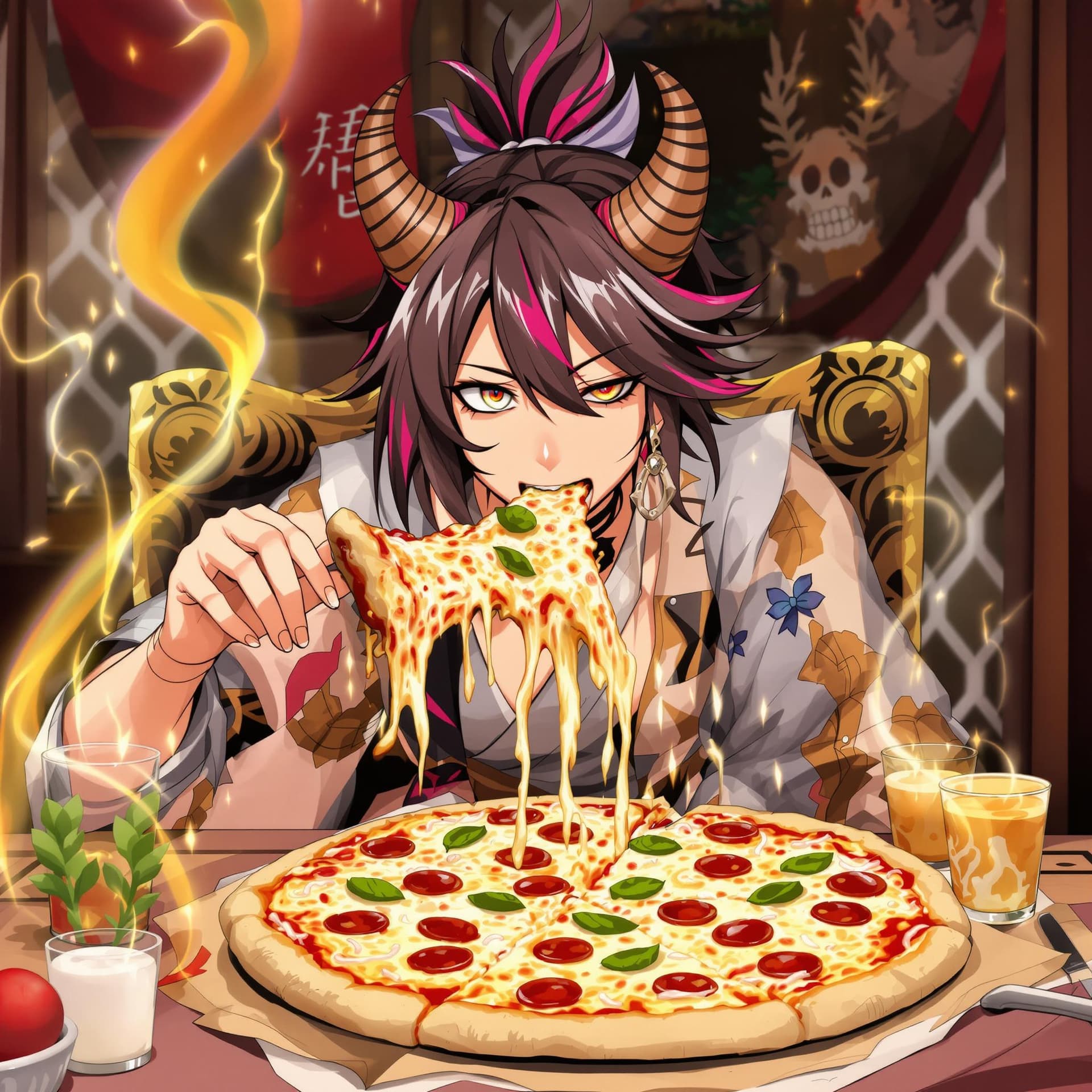 AI generated: mitsuri from demon slayer eating a pizza