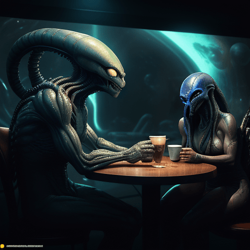 AI generated: Coffee Shop in Space, a Predator from movie Predator (1987) drinking coffee with an Alien from monie...