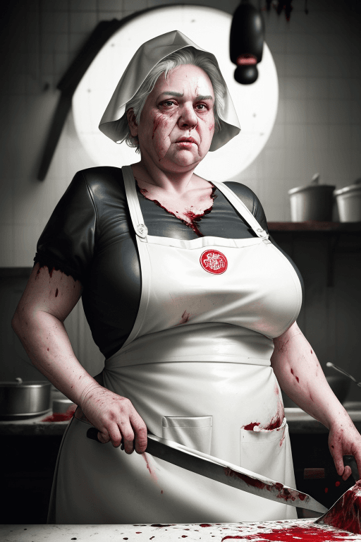 AI generated: RAW photo, low key, cinematic composition, fat  ugly elderly female butcher, woman, rim light, blood...