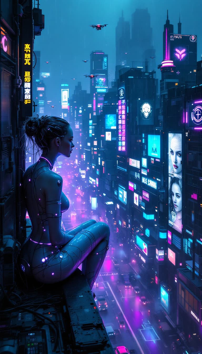 AI generated: Une mégalopole cyberpunk futuriste, baignée de néons bleus et violets sous une pluie fine. Une femme...