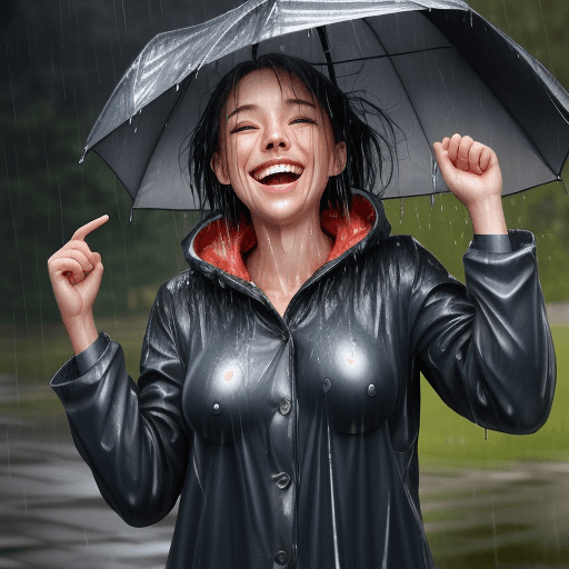 AI generated: laughing and smiling, raining, wet clothes and skin, woman