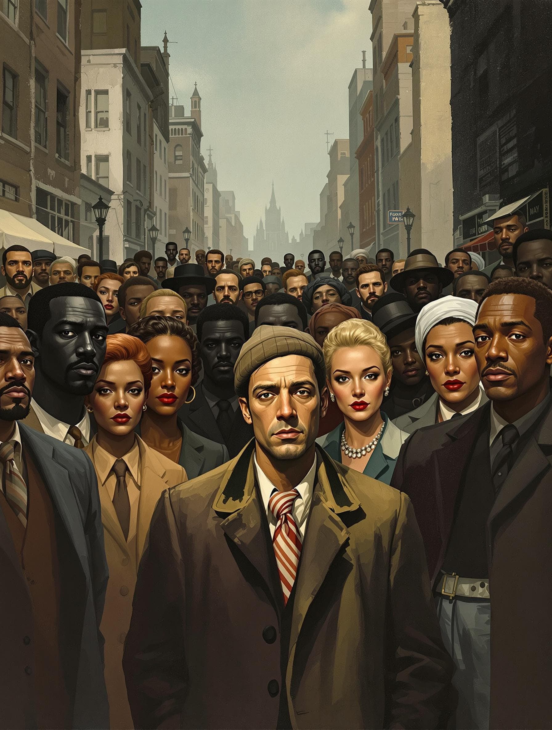 AI generated: a racially diverse crowd of men and women stand together facing the viewer. it is the 1940's. The ba...