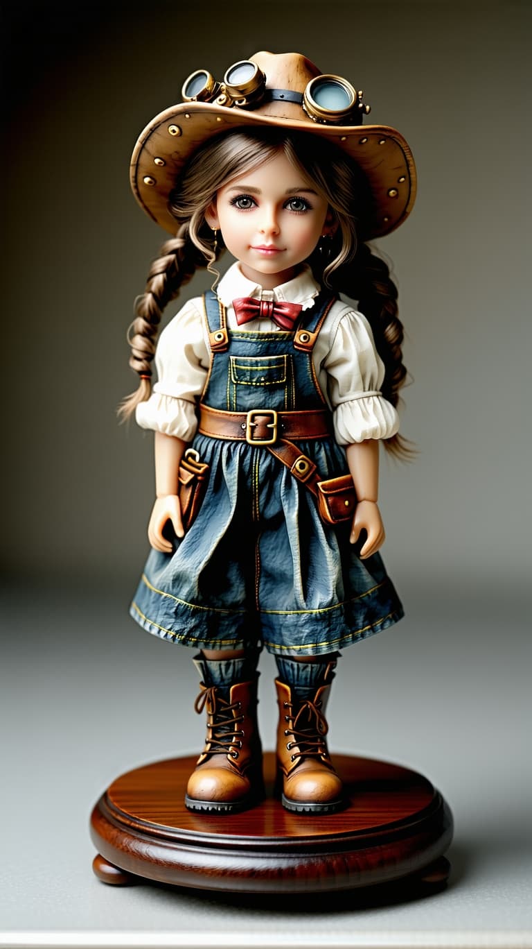 AI generated: A photo-realistic of a beautiful steampunk doll porcelain figurine on a small wood platform, Little ...