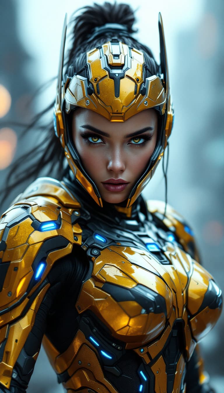 AI generated: female soldier wearing futuristic gold battle armor with blue lights, intense and determined express...