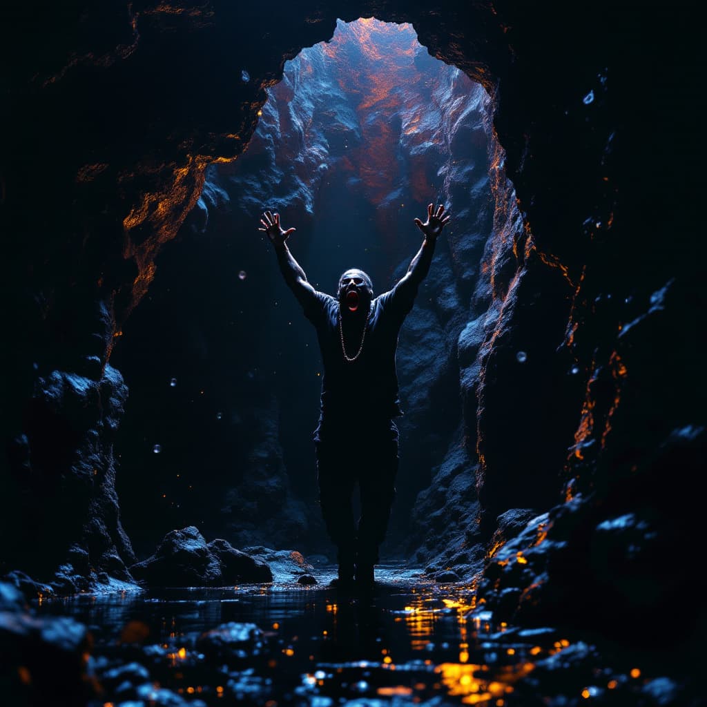 AI generated: DJ Khaled in a cave incredibly lost and screaming, 8k, HD, nanites, volumetric lighting
