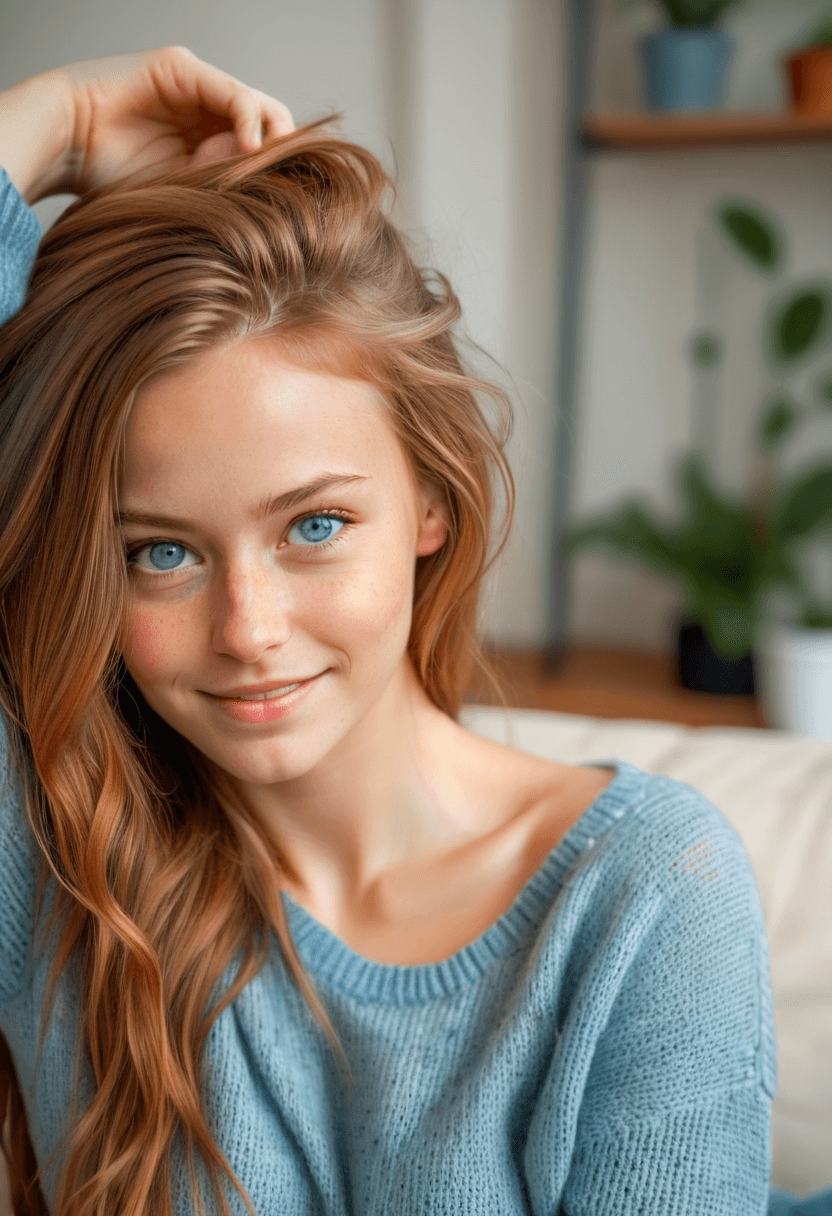 AI generated: HDR photo of beautiful young woman, happy and smiling, long bronze hair, light-blue eyes, fair compl...