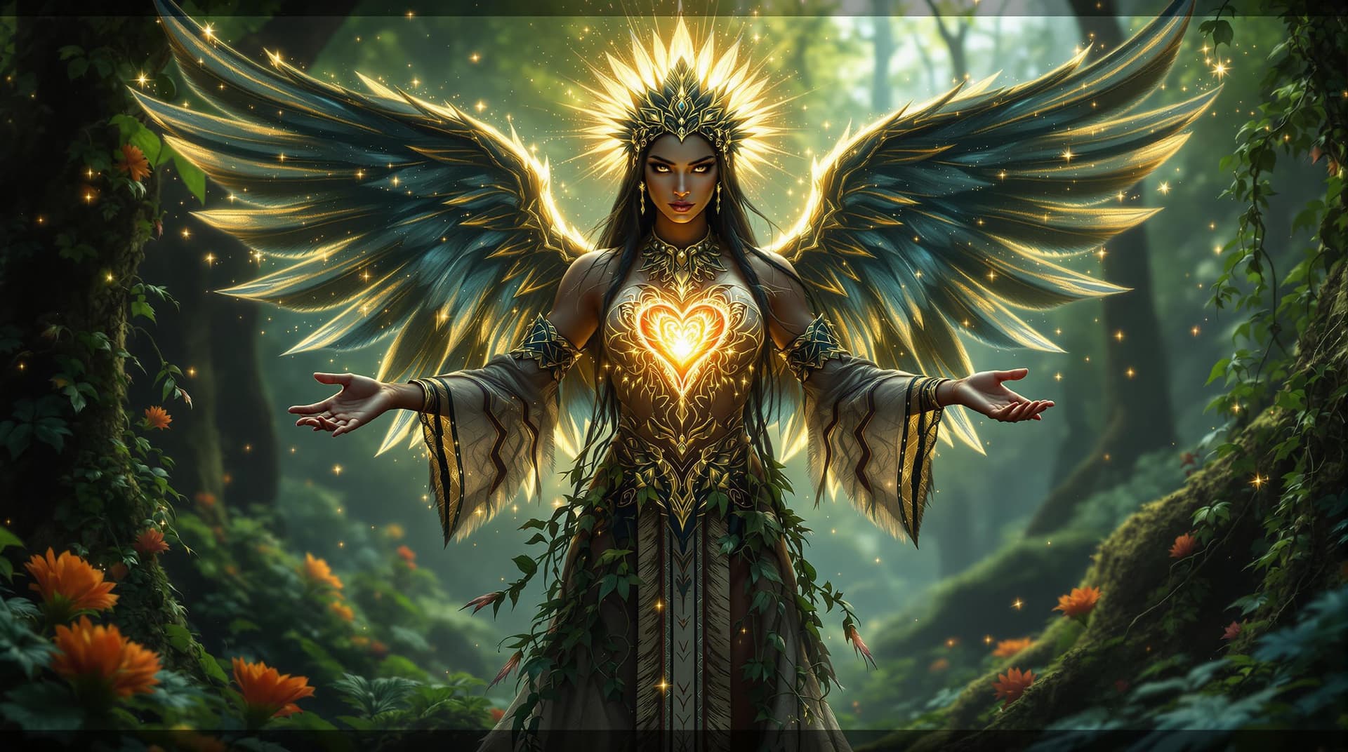 AI generated:  Archangel character , including   with a stunning, heart-shaped face, high cheekbones, and a strong...