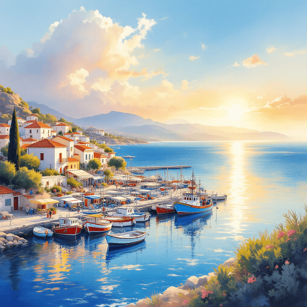 AI generated: An award-winning watercolor oil painting masterpiece capturing the serene beauty of a port off the c...