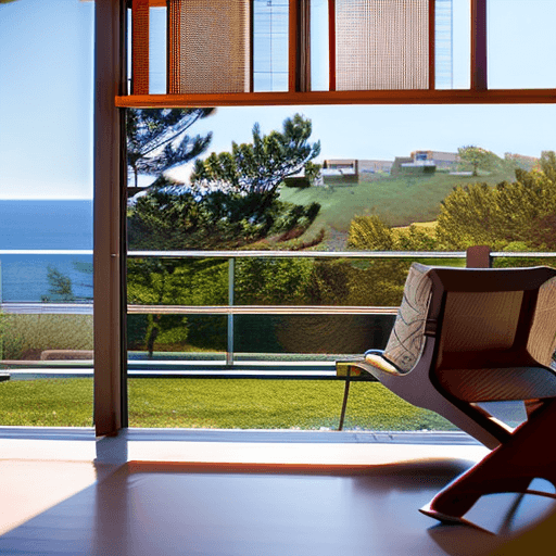 AI generated: Hyper realistic eye level exterior photo of a mid century modern style house overlooking the ocean, ...
