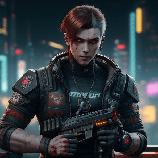 AI generated: a male protagonist of cyberpunk 2077 with a tuft, brown hair, red eyes, oily complexion, while killi...