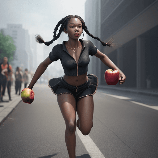 AI generated: Black girl with braids holding apples runs from people chasing her, hyper-realism, high detail, octa...
