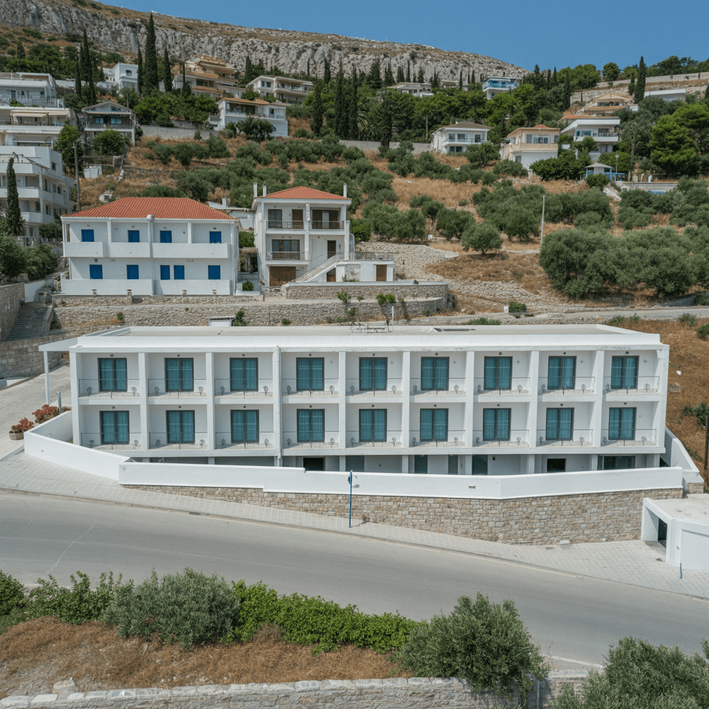 AI generated: A two floor hotel, semi underground, elongated towards the back, located in Loutraki Greece, situate...