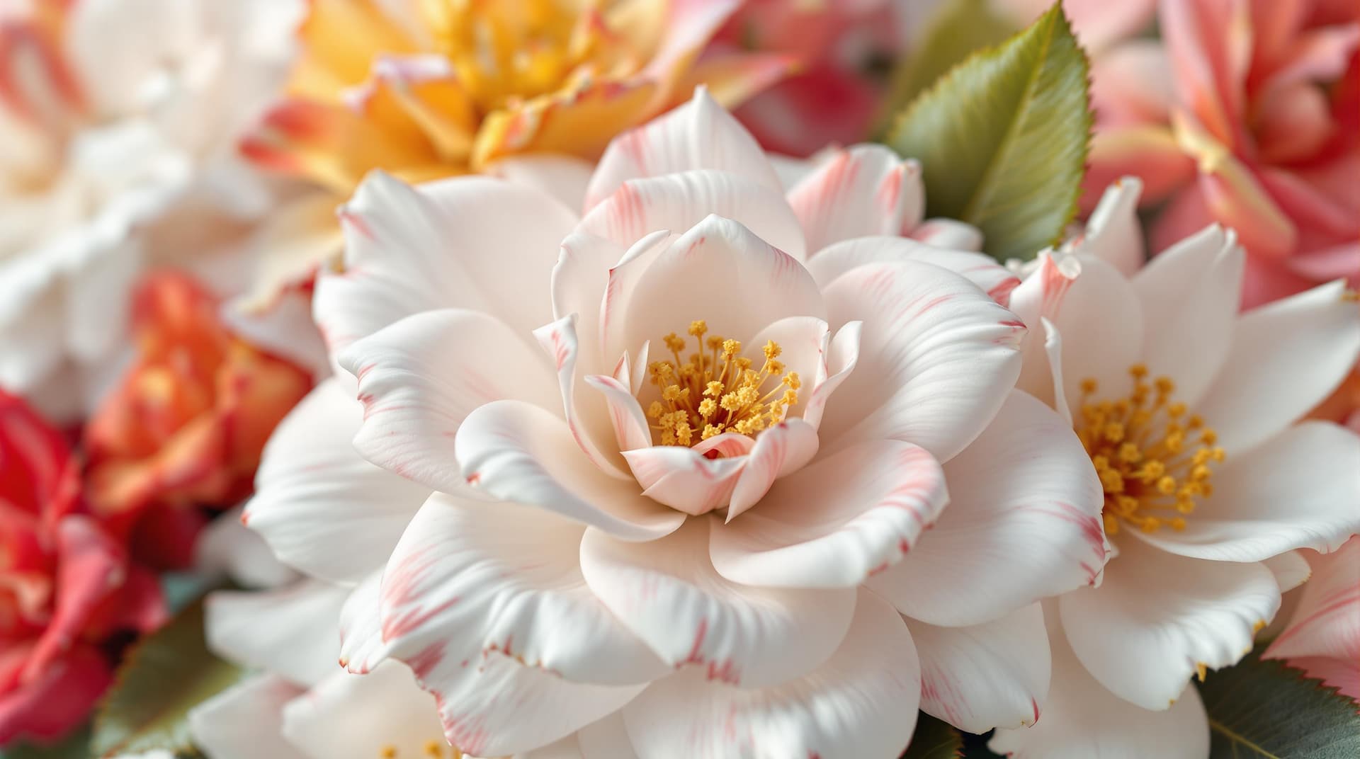 AI generated:  an hybrid 3d fictive flowers,close up,rose x camelia,in white,red and yellow tones in 8k