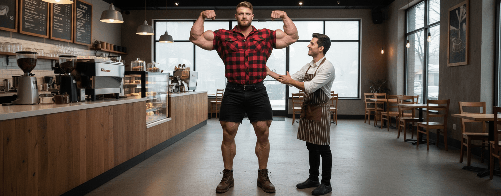 AI generated: At a coffee shop with no customers, the bodybuilder is 6'4" tall, he has huge muscular shoulders and...
