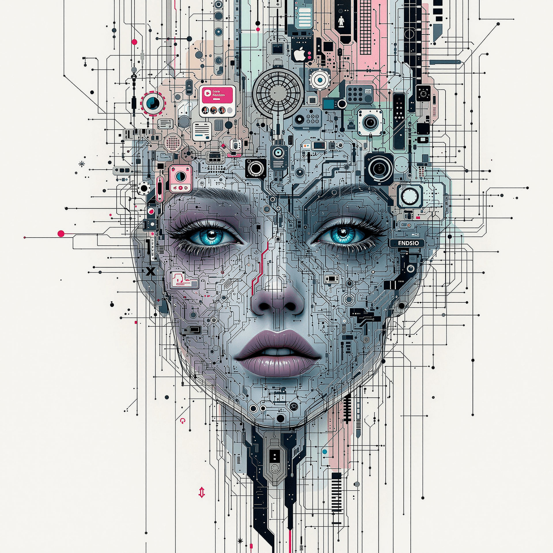 AI generated: a humanoid design with intricate face detailing: featuring only the headshot living in a digital era...