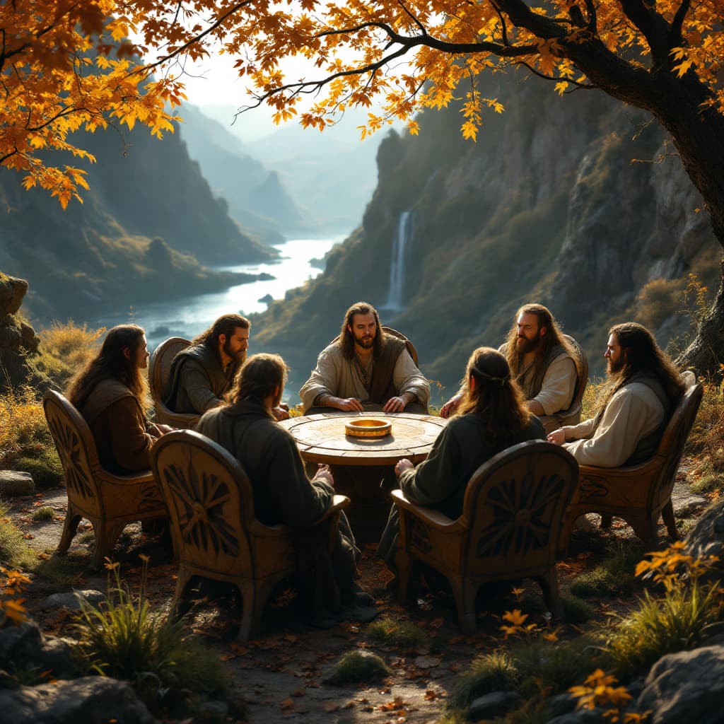 AI generated: Create an image of the Elrond's council of the movie Lord if the rings. Make it realistic as it was ...
