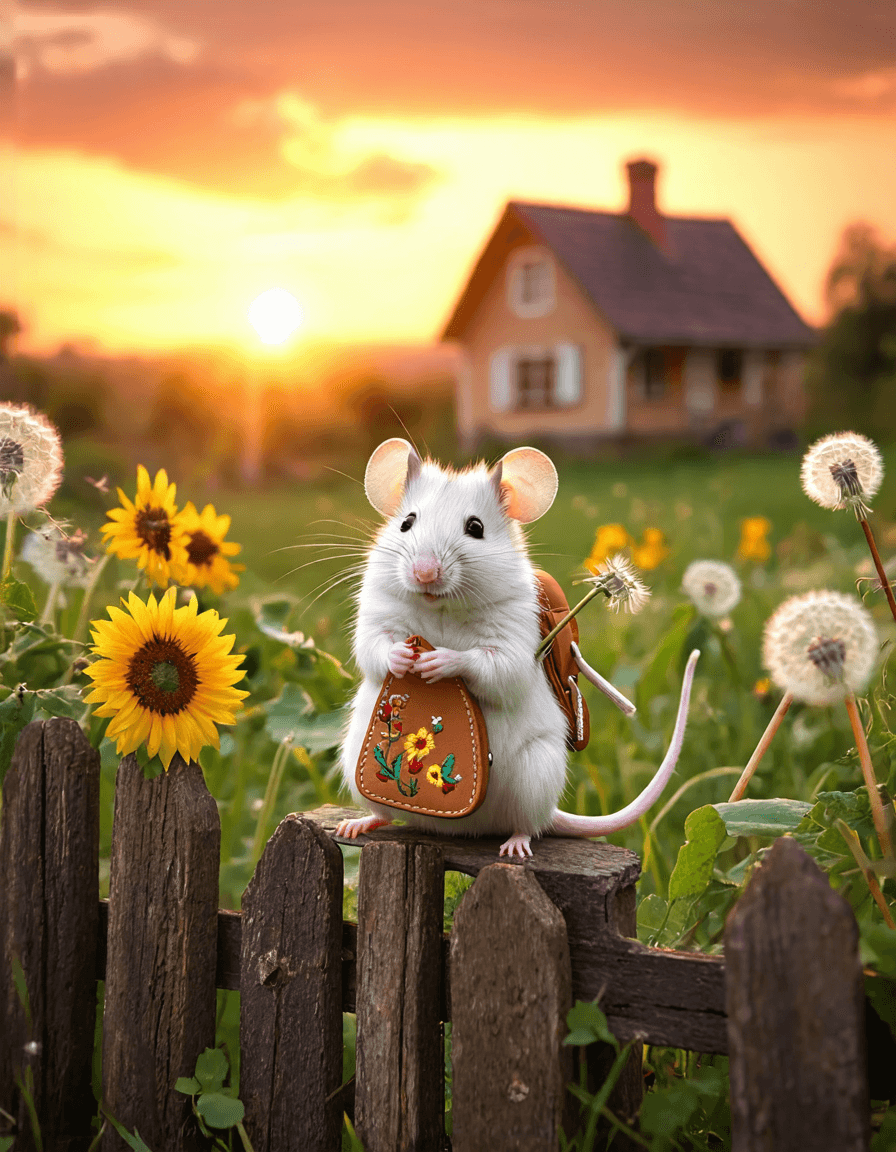 AI generated: The image depicts a whimsical scene featuring a small white mouse sitting on a wooden fence. The mou...