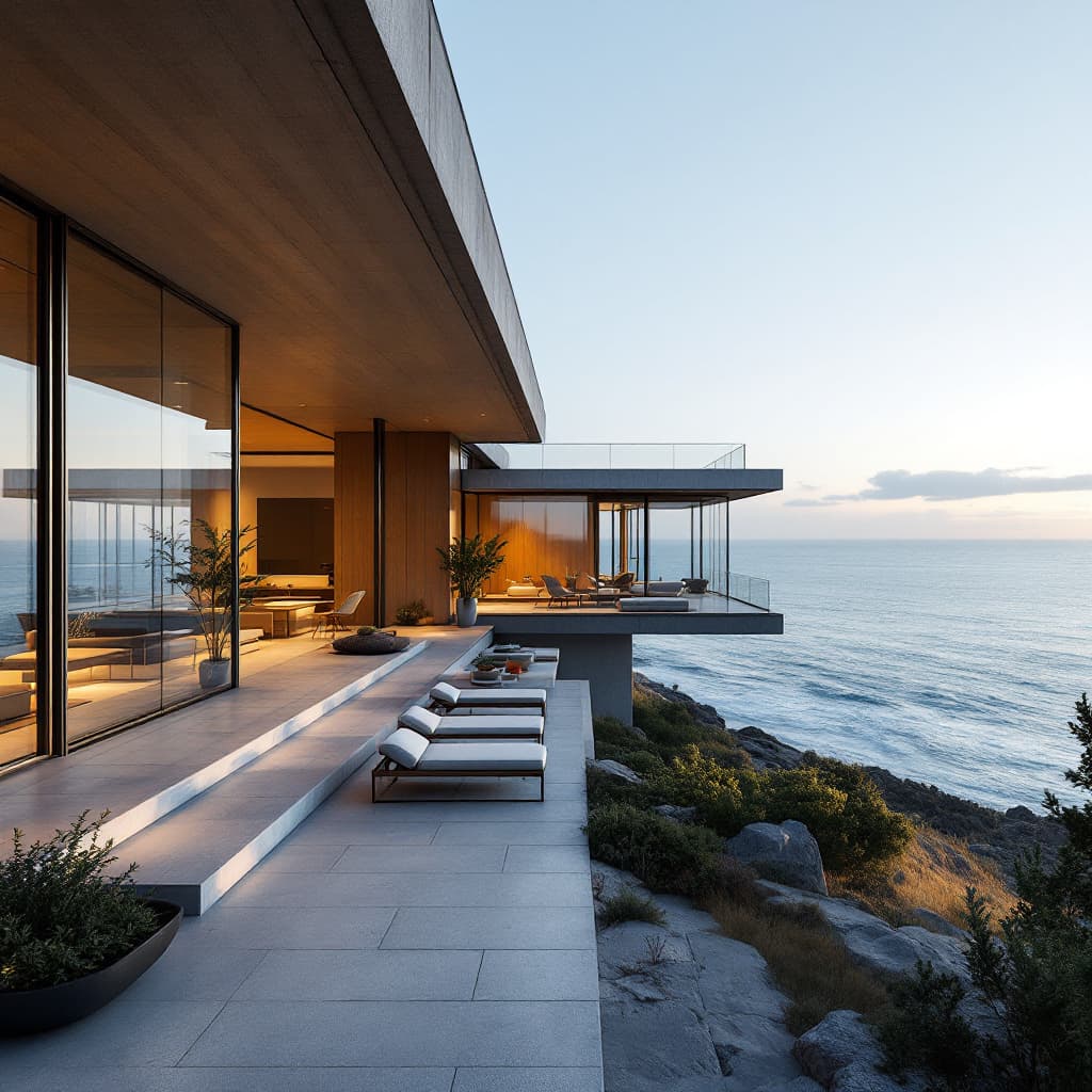 AI generated: Hyper realistic eye level exterior photo of a mid century modern style house overlooking the ocean, ...
