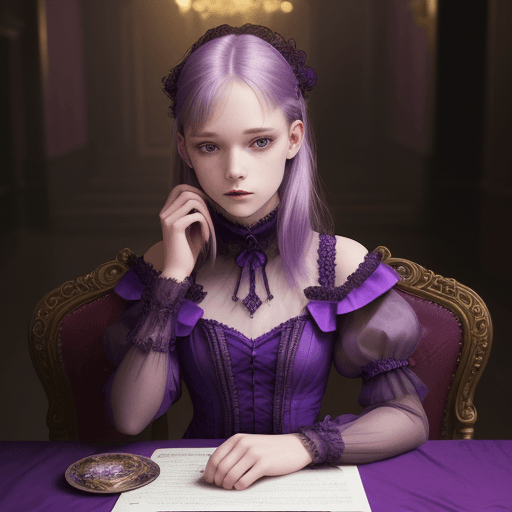 AI generated: a woman sitting at a table , by Valerie Petts, tumblr, intricate fantasy dress, violet tones, offici...