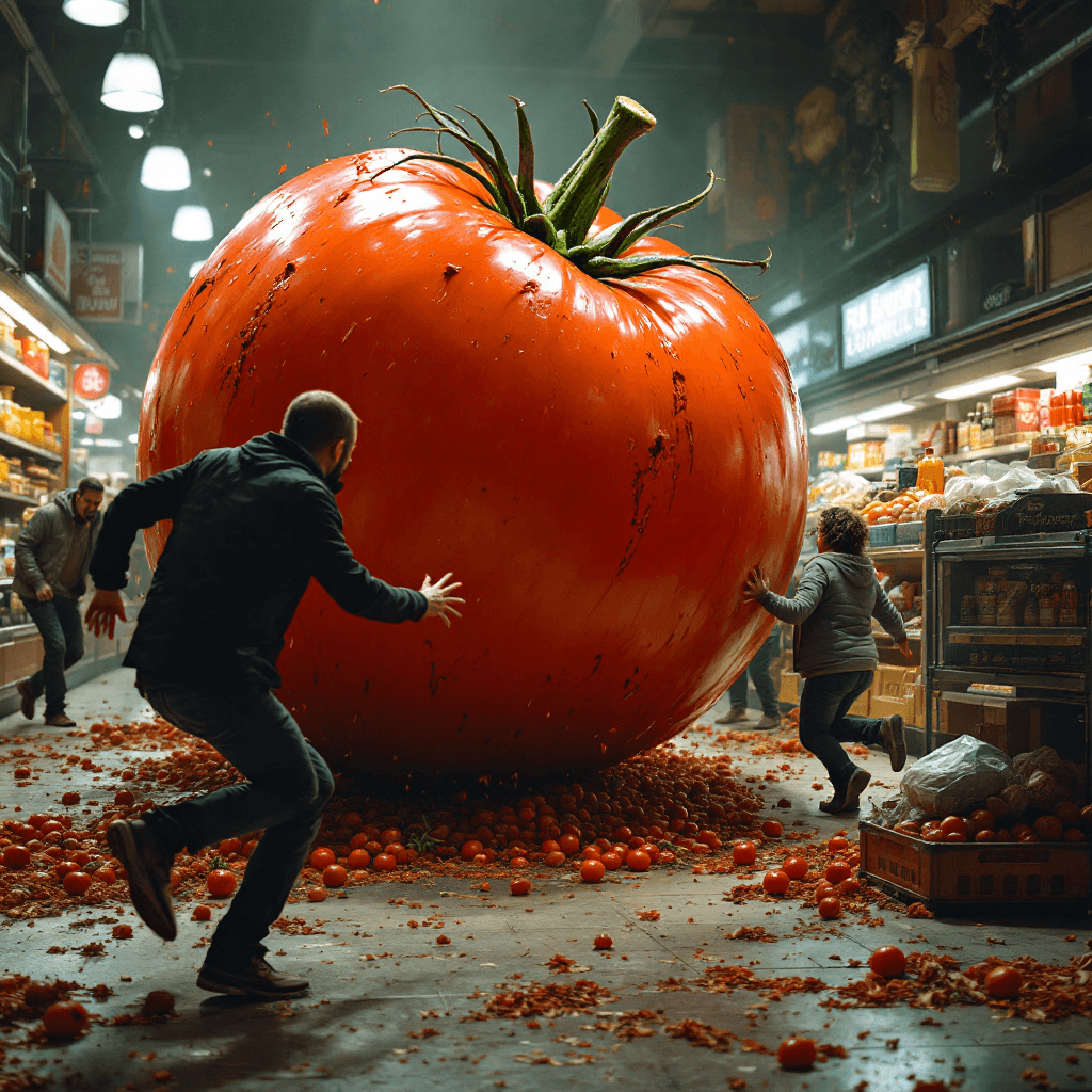 AI generated: a giant tomato on the ground attacking people in  store ,  the customers are terrified and running a...