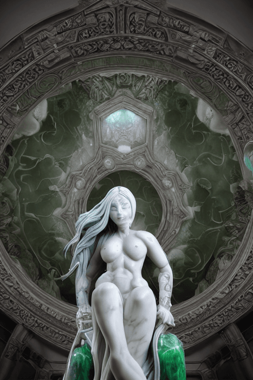 AI generated: highly detailed marble and jade sculpture of a female necromancer, volumetric fog, Hyperrealism, bre...