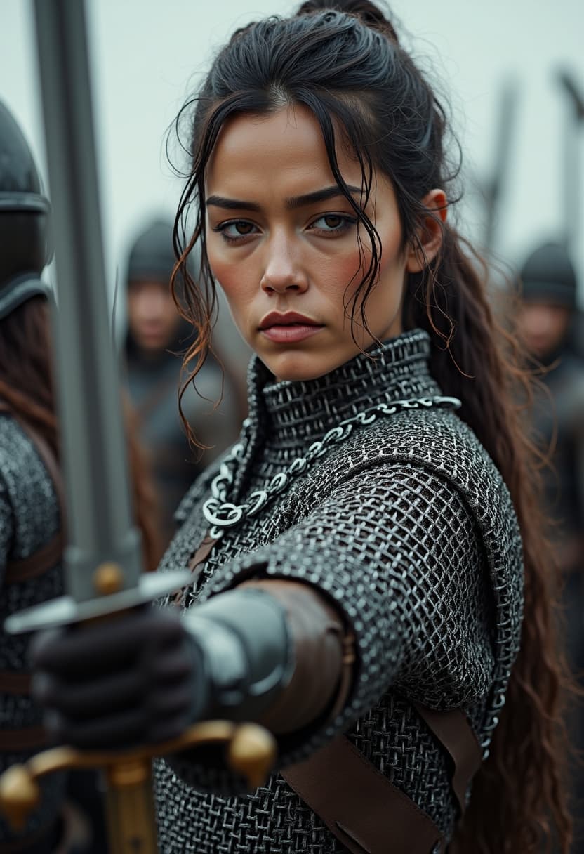 AI generated: hd, 8k, ultra realistic,warrior woman in chainmail armor wielding a sword. She is a fierce warrior o...