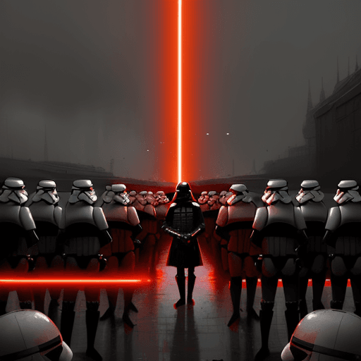 AI generated: by Jakub Rózalski darth vader, incredible beautiful red light, army of stormtroopers in the backgrou...