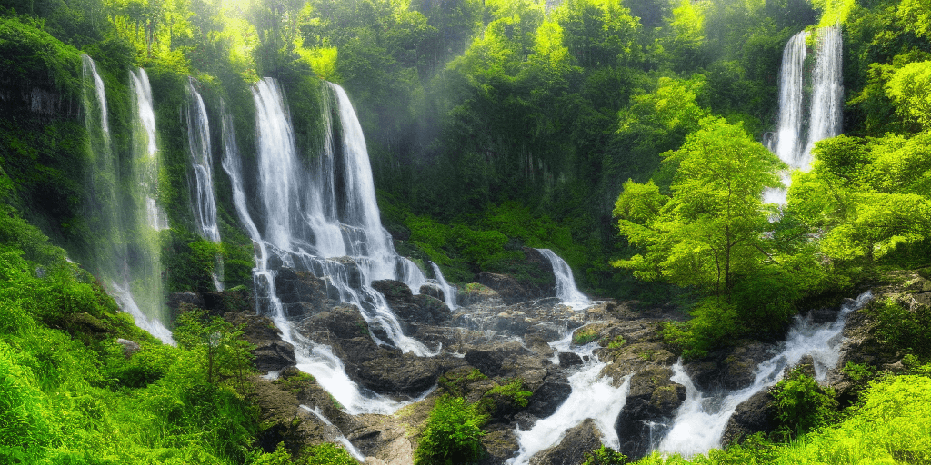 AI generated: a beautiful green landscape, waterfall, stunning light, breathtaking, golden sun, promised land, mou...