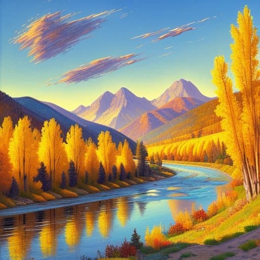 AI generated: mountain landscape, fall willows, blue sky, the river that runs throug it, golden hour, style of Alo...