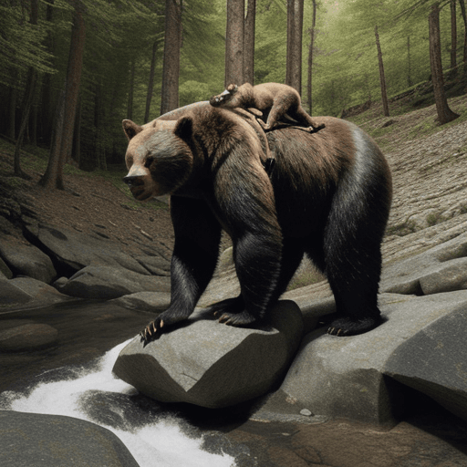 AI generated: Carrying a small pack on his back, the bear looked like he was trying very hard as he climbed high t...