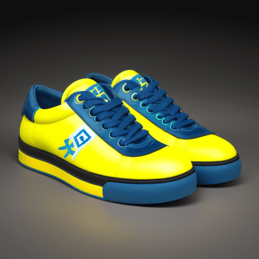 AI generated: a BLUE sneaker with black sole and YELLOW laces an green logo saying "XTALO"
