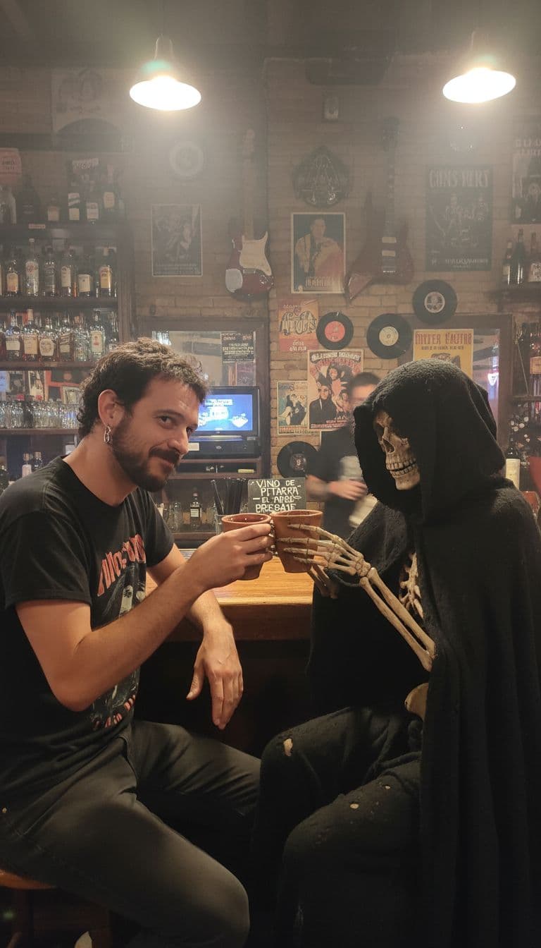 AI generated: Quiero que me des al tipo de las imágenes en un bar de Rock and roll bebiendo con la muerte. Quiero ...