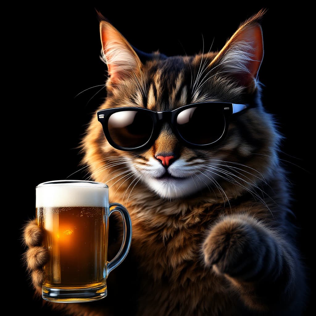 AI generated: A smiley cat with dark glasses and a beer in hand pointing towards the camera”