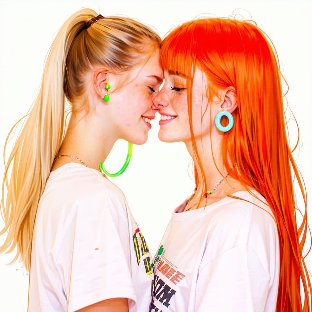 AI generated: Anime styled portrait of a loving lesbian couple, one woman has long blond hair in a ponytail and gr...