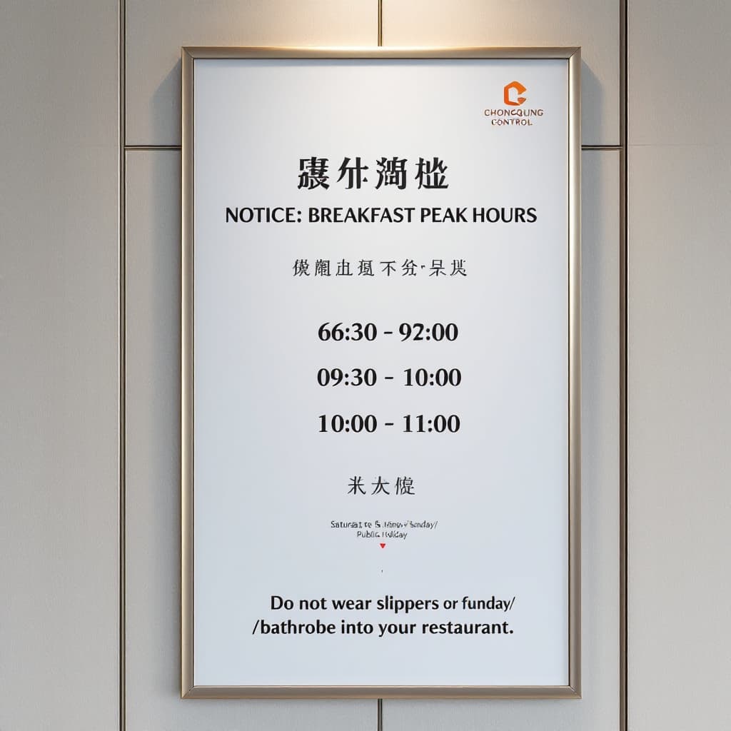 AI generated: A professional bilingual notice board in a hotel lobby, minimalist design, white background with lig...