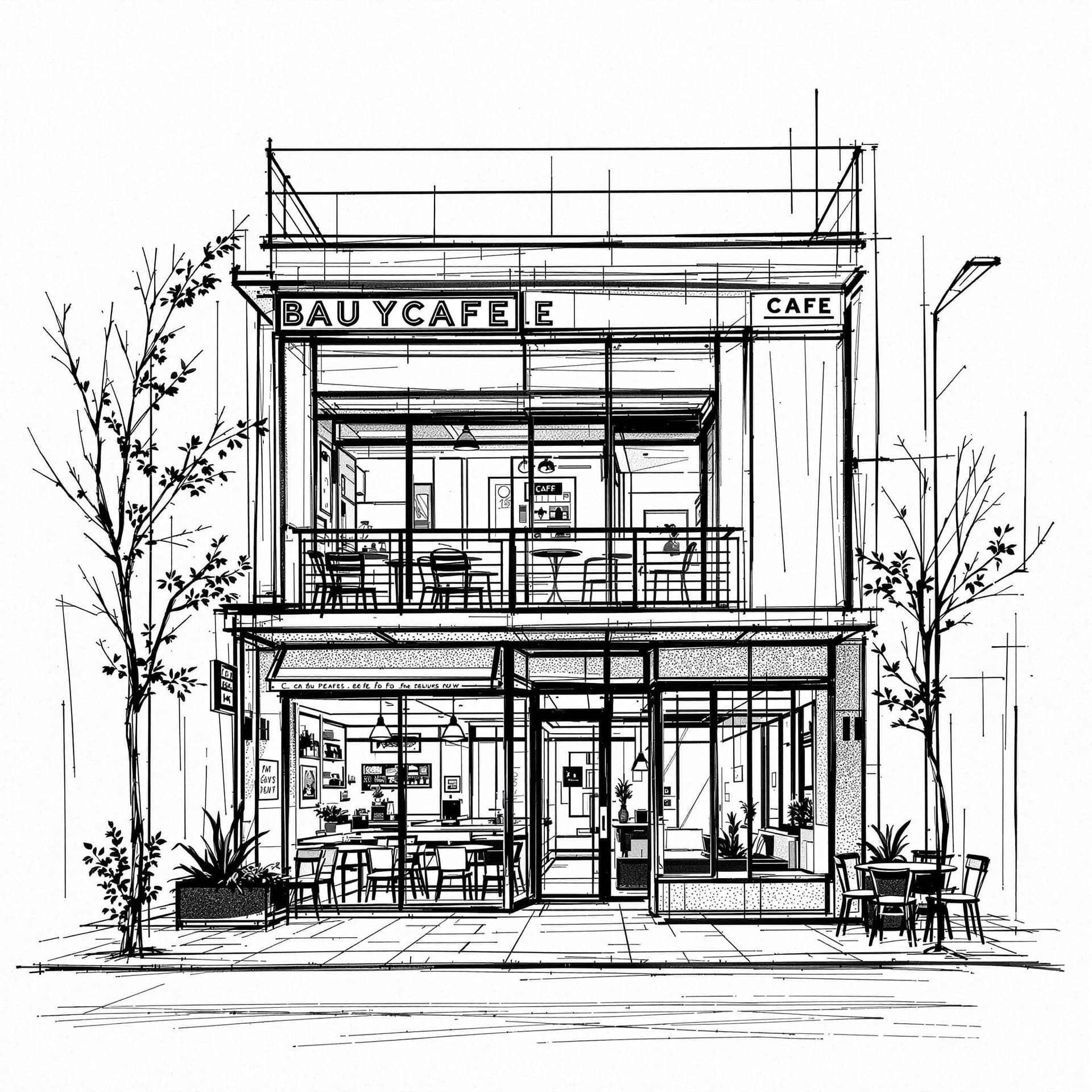AI generated: architectural sketch, central composition, bauhaus style, two story contemporary cafe facade design,...