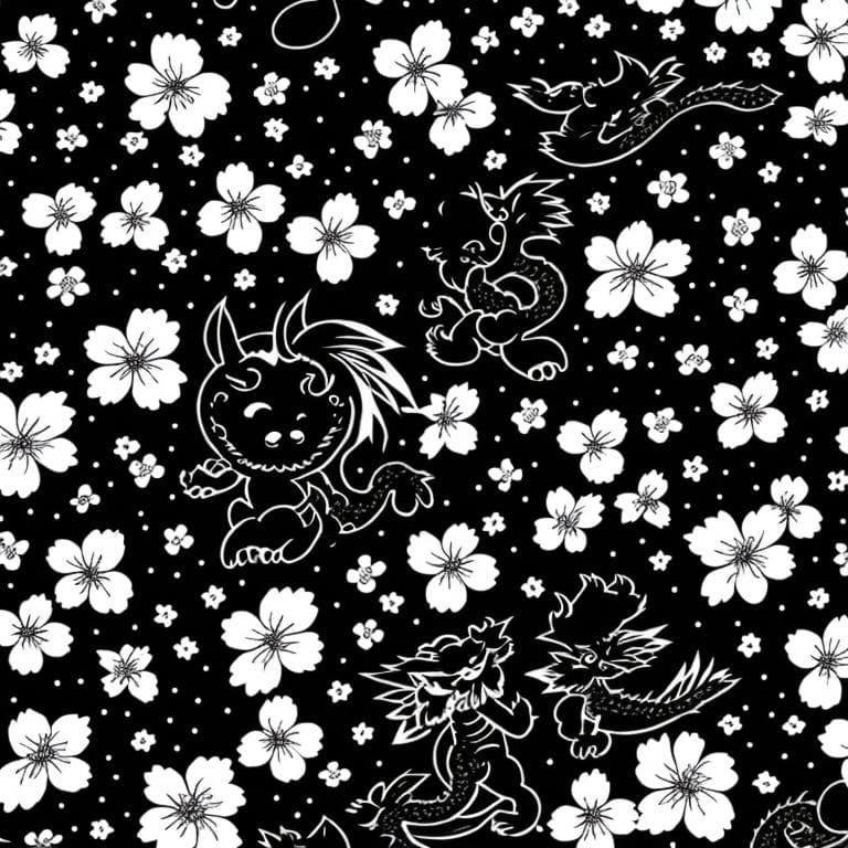 AI generated: in Japanese ink art style, dragon faerie, black colors, black scales, big emotional eyes, cherry blo...