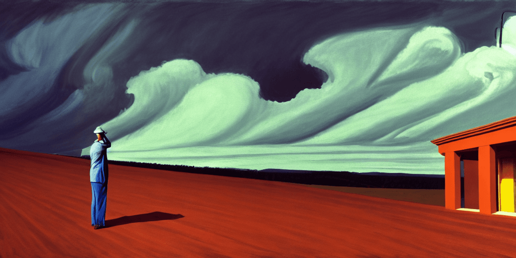 AI generated: Painting by David Hockney, Neo rauch, edward hopper,

a god with bolts, a sky during a snowstorm,

s...