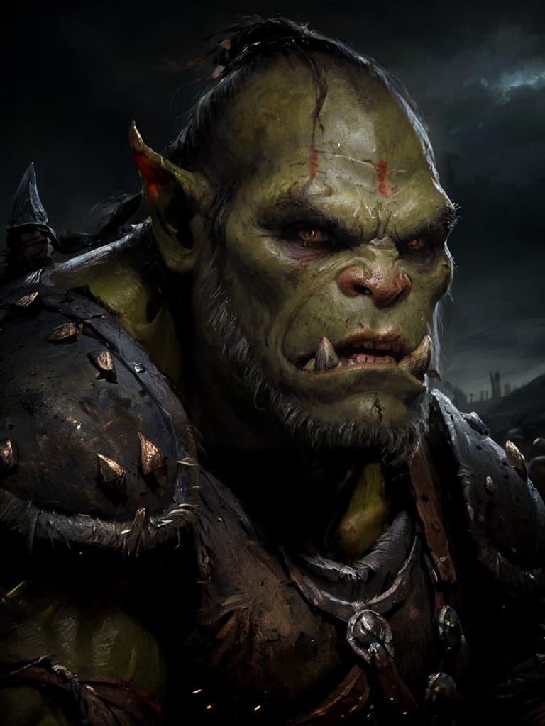 AI generated: A photo of a very intimidating orc on a battlefield, cinematic, melancholy, dynamic lighting, dark b...
