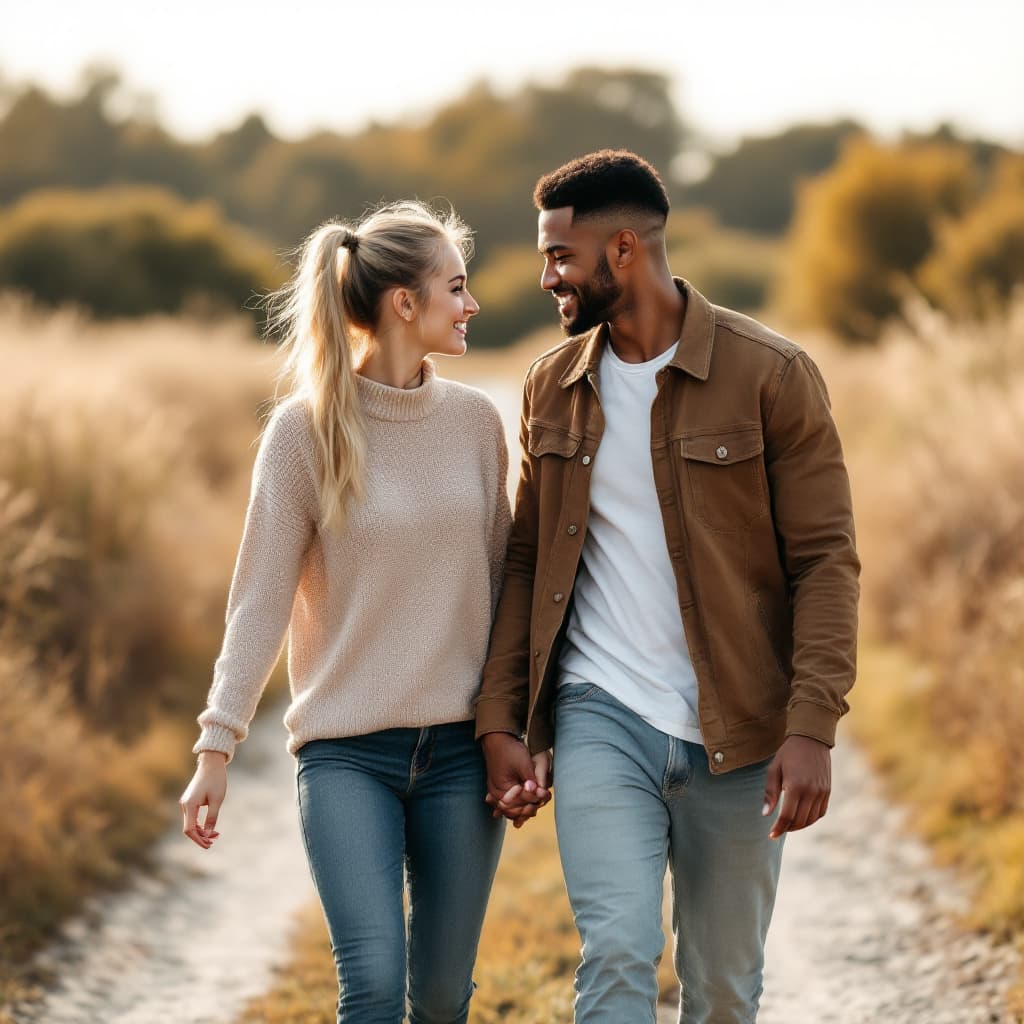 AI generated: A young couple is walking on a path and the country. The girl is a Caucasian blonde with a cute pony...