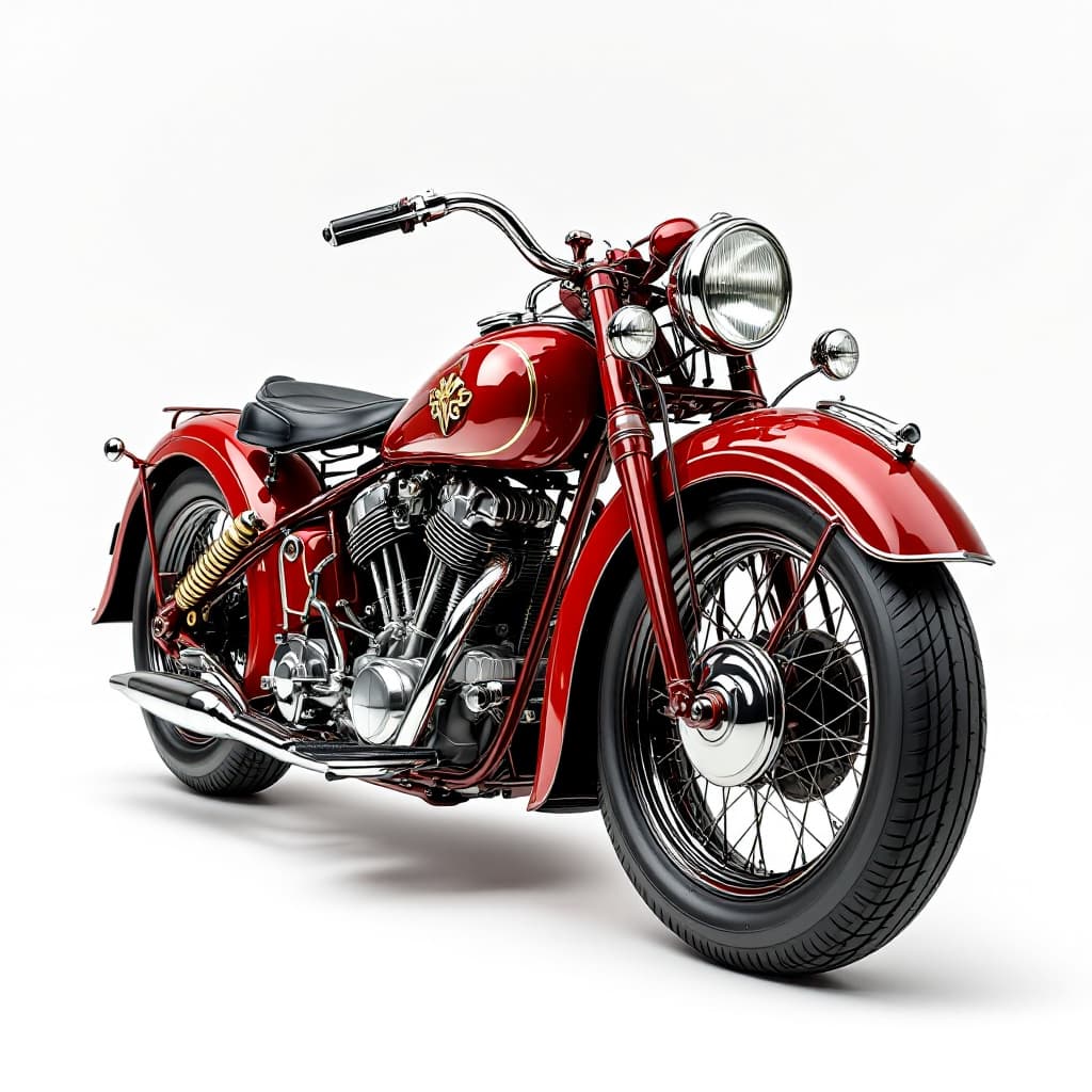 AI generated: Iconic 1930s luxury motorcycle, rich color, chrome details, clean background. --ar 16:9 